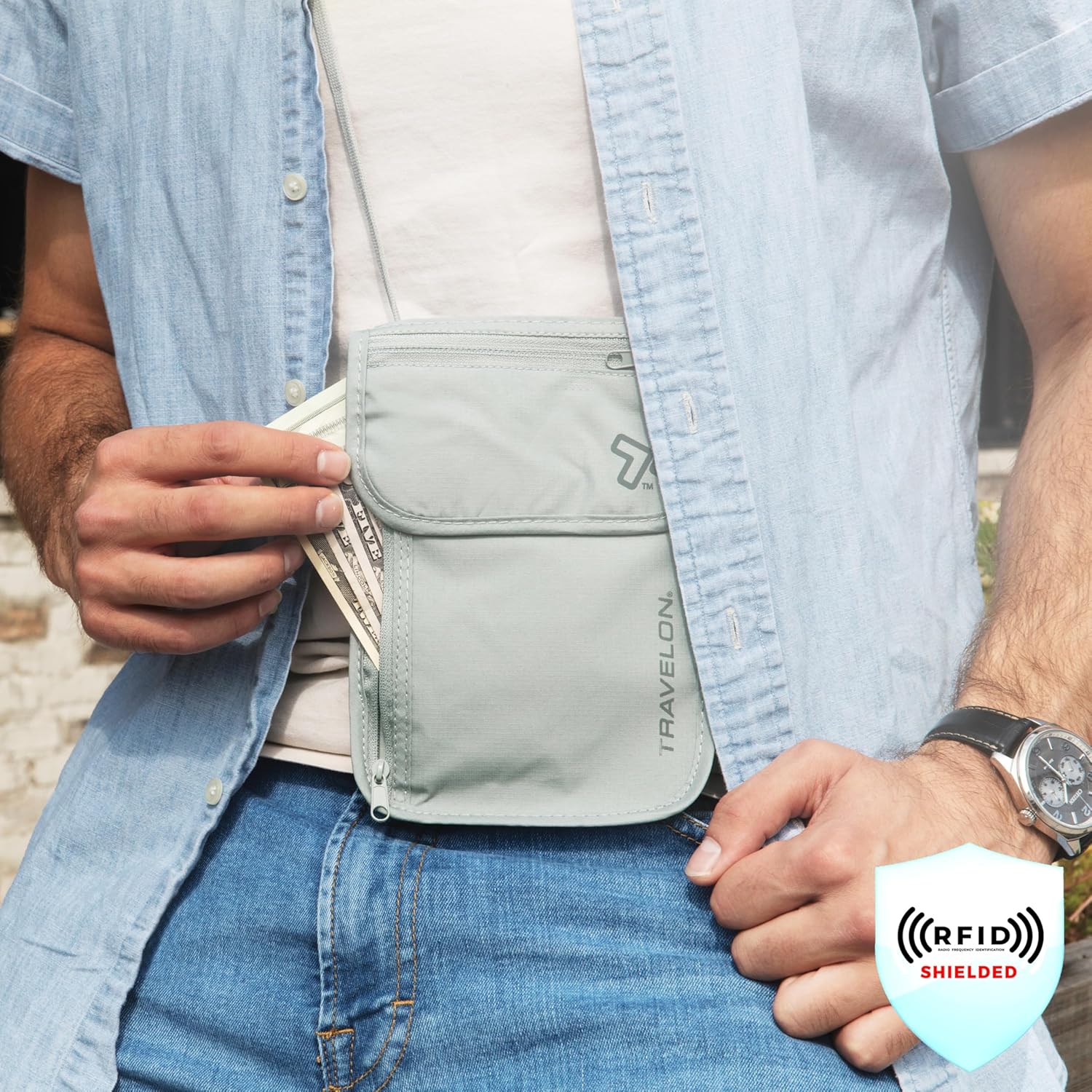 Rfid Blocking Undergarment Neck Pouch Travel Wallet, Gray, One Size - Image 3